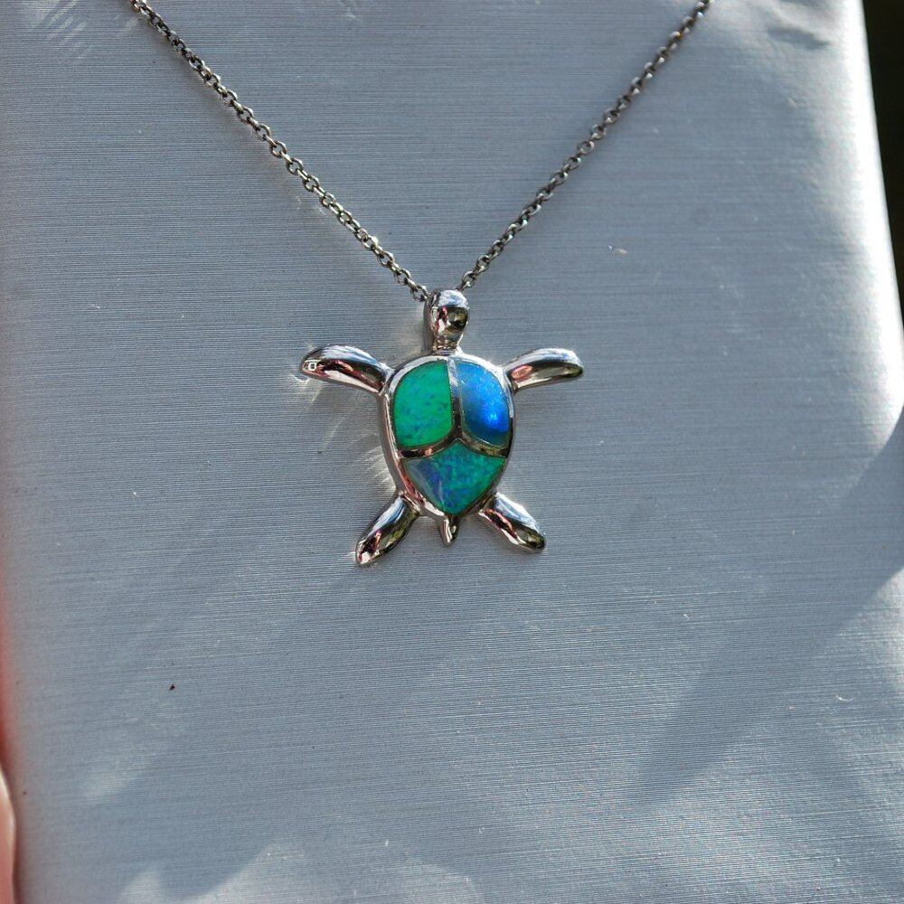 925 Sterling Silver Blue Opalite Synthetic Opal Turtle Necklace